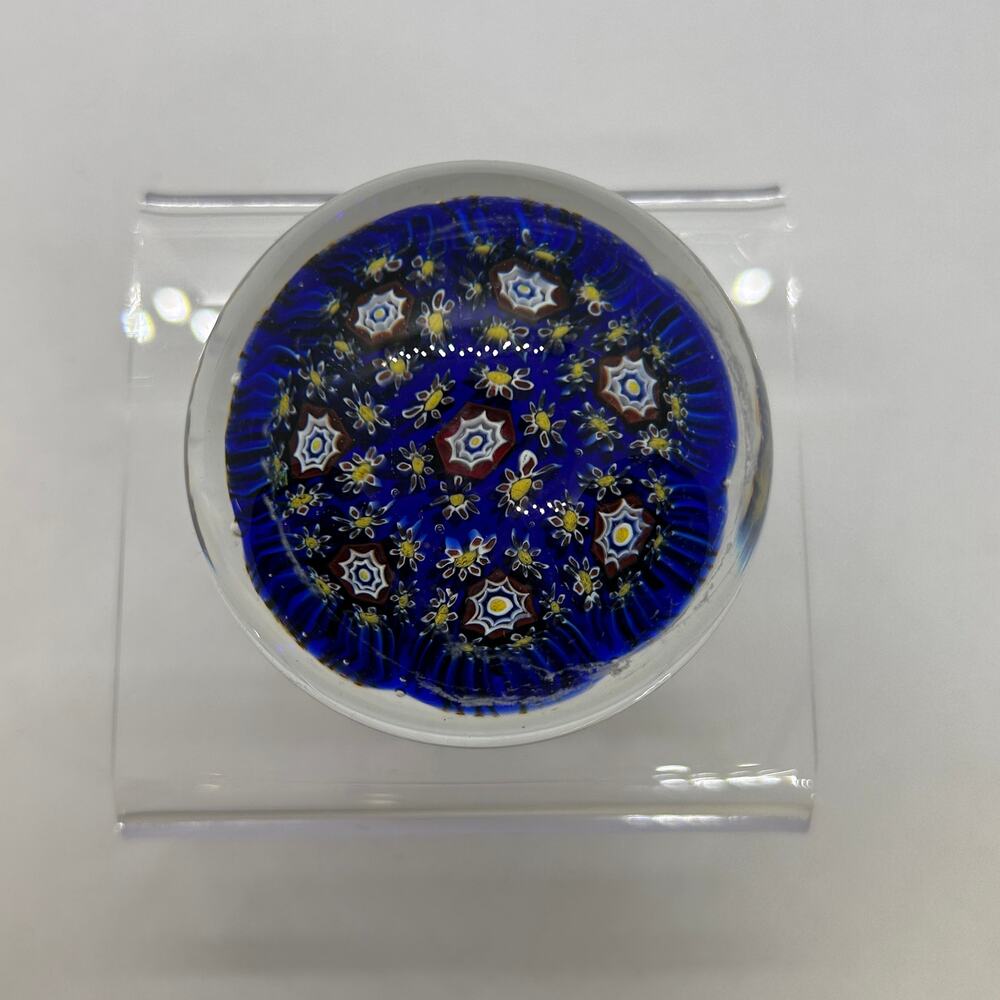 Blue Milliefiori 1.5 In Glass Paperweight w Some Scratches on the top